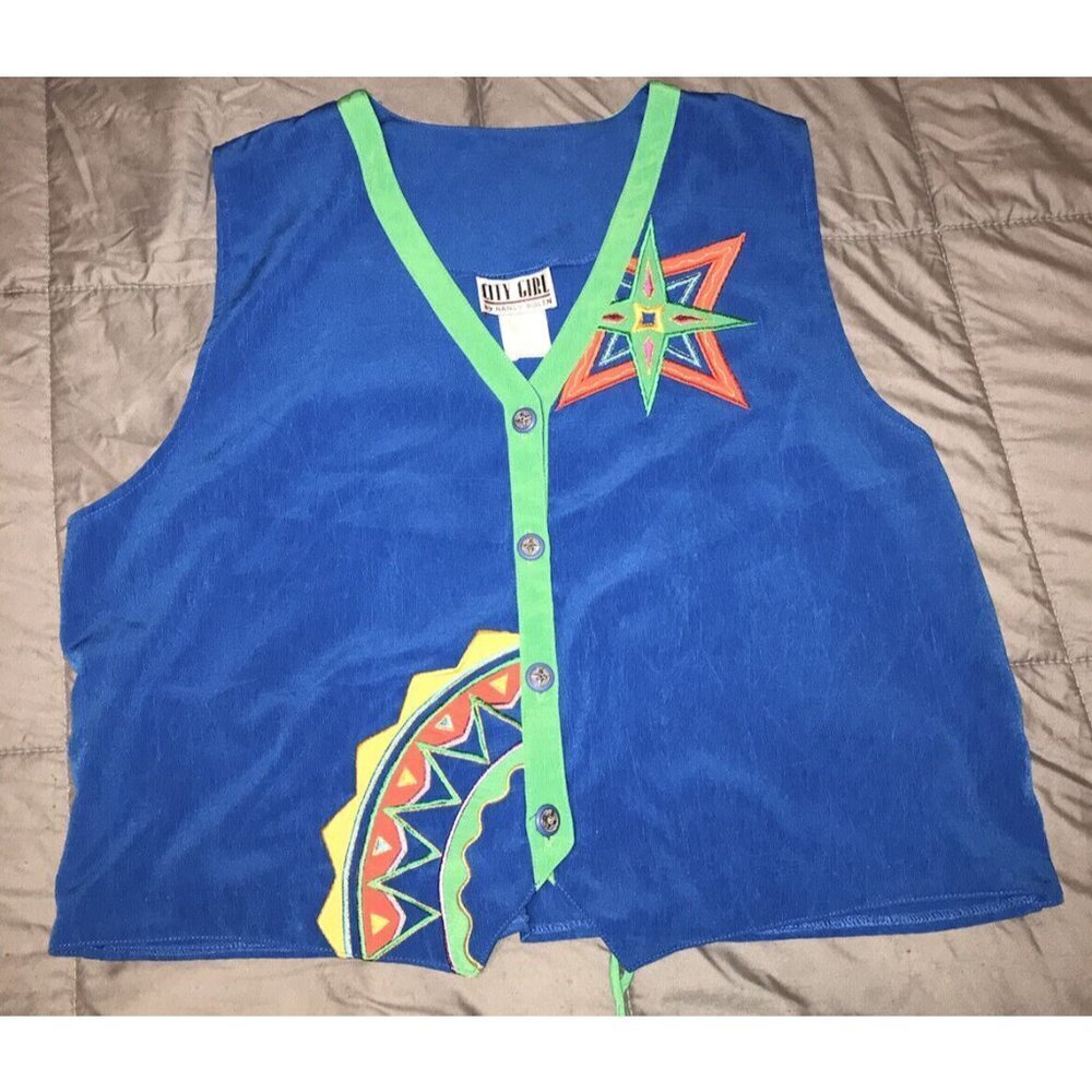 City Girl By Nancy Bolen Womens 80s Abstract Vest Embroidered Star Bling Buttons